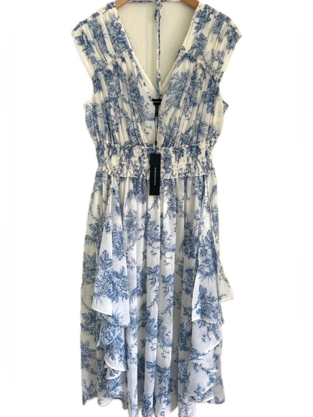 BCBGMAXAZRIA Cream Blue Toile Floral Pleated Midi Dress NWT Size M